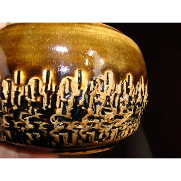 Handmade Artist Signed Pottery Bowl Planter Pot Jar Carved Cactus Decor Browns - Picture 5 of 12